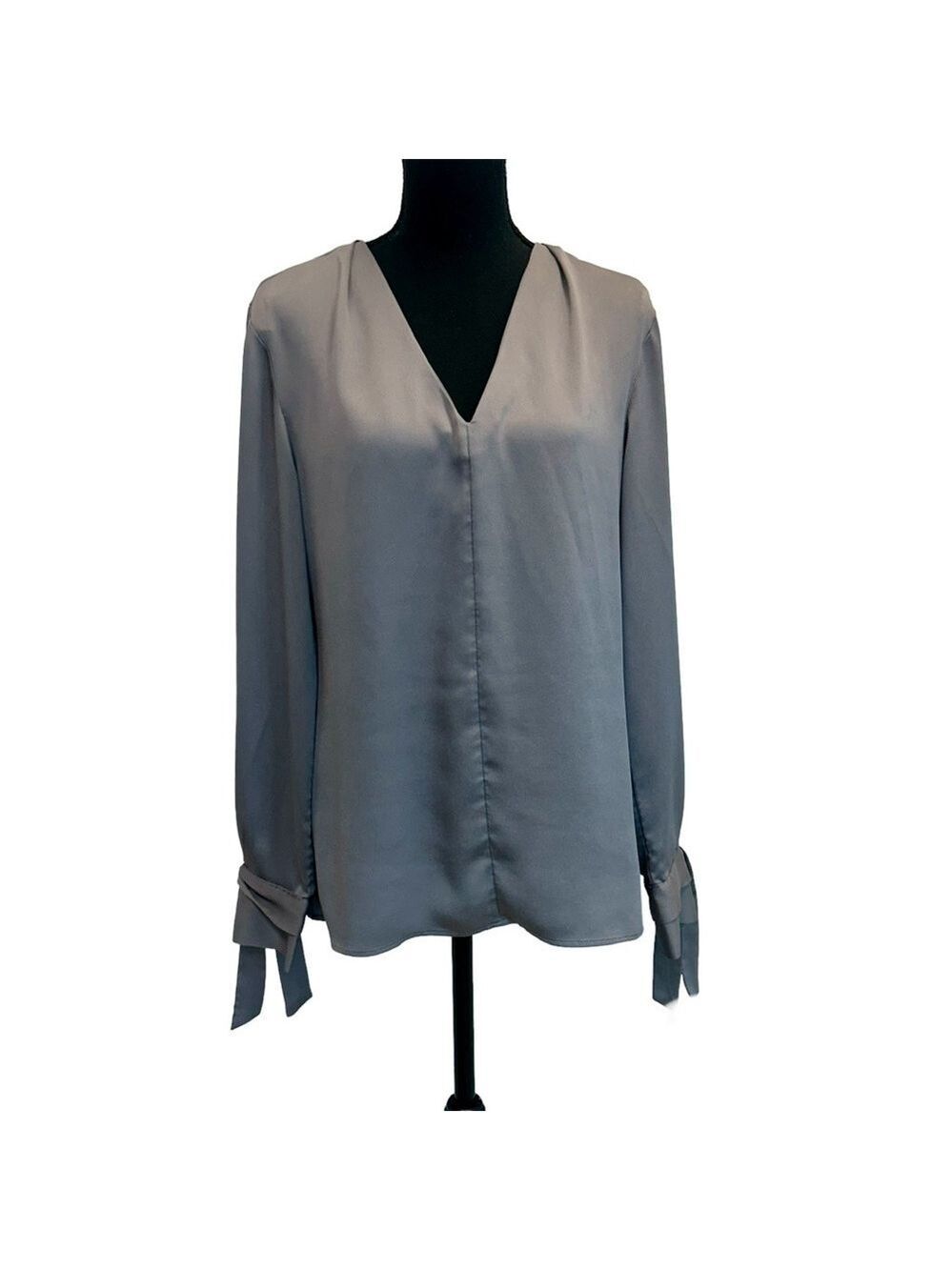 Banana Republic gray satin effect Tie sleeve cuff V-neck blouse Sz M